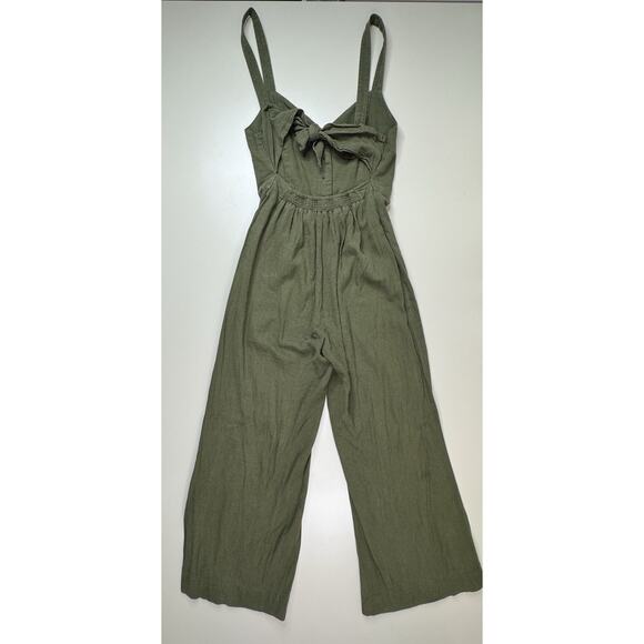 URBAN OUTFITTERS Wide Leg Linen Jumpsuit S Olive Green Tie Back Vest Fit Boho - Picture 11 of 16